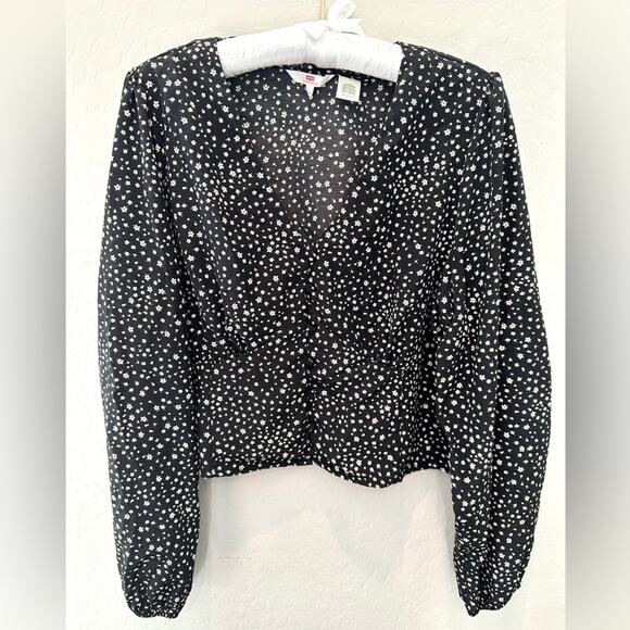 LEVI’S Plus Size Puff Sleeve Floral Peplum Blouse Black White Ditsy Print | XXL - Picture 2 of 8